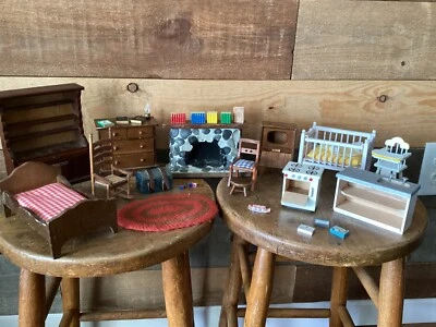 VTG Lot Of Wooden Dollhouse Furniture & Accessories Sink, hutch, fireplace, etc - Image 1 of 4
