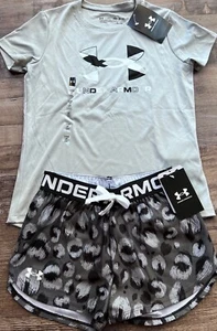 Neu mit Etikett Under Armour YLG Mädchen grau/schwarz/weiß bedruckte Shorts Set - Bild 1 von 5