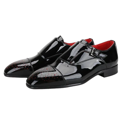 Sapatos sociais masculinos Piergitar preto couro envernizado feito à mão sola vermelha - Imagem 1 de 4