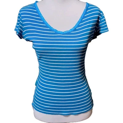 Rue 21 Womens L Striped Baby Tee Lace Trim Y2K 00s Slim Fit Fairy Festival  - Image 1 of 4