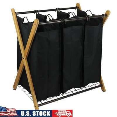 Clasificador de lavandería de bambú de 3 bolsas forros extraíbles organizador ligero duradero nuevo Foto 1 de 4