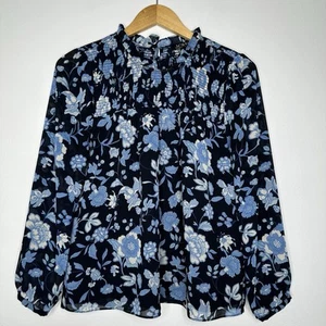 J Crew Ruffleneck Blouse Womens Size S Chiffon Floral Midnight Blue LS Smocked - Picture 1 of 8