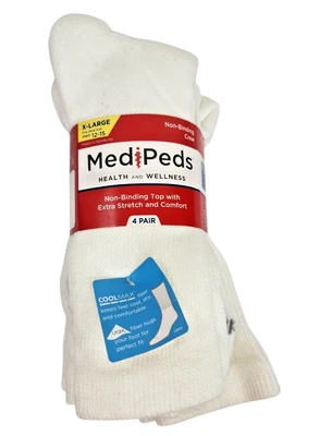 MediPeds Diabetic Crew Calcetines Blanco Hombre Talla XL 12-15 Sin ataduras Paquete de 4 Cool Max Foto 1 de 4