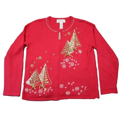 Cardigã de Natal internacional tiara suéter M ouro vermelho lantejoulas com zíper sinos - Imagem 1 de 4