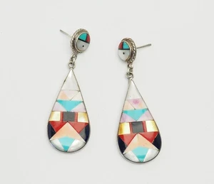 Vintage southwestern sterling silver inlaid gemstones post earrings signed  - Picture 1 of 3