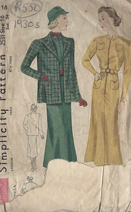 1930s Vintage Sewing Pattern DRESS & JACKET B34" (R550) - Picture 1 of 1