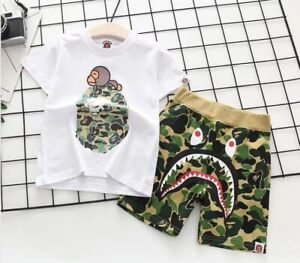 2020 1 Set Kids Boy Girl Animal Summer Shirt Top Tee + Camo Shark Pant