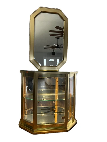 Mastercraft Brass Curio Cabinet Lighted Mirrored Hollywood Regency W/ Mirror Cover