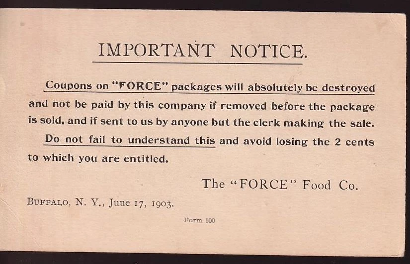 USA 1903 The FORCE Food Co. "Important Notice" Postal Card, numeral cancel - Image 1 of 1