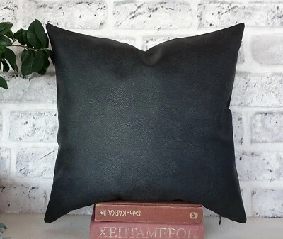 Anthracite old look pattern faux leather and natural linen pillow cover-1QTY - Image 1 of 4