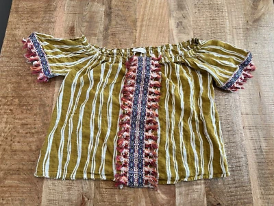 Alter'd State Women's Yellow Striped Crop Top Embroidered  Fringe *Flaw* Small - Image 1 of 4