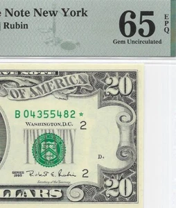 1995 $20 NEW YORK * STAR * ⭐️ FRN PMG GEM Uncirculated 65 EPQ Banknote. 2nd of 2 - Picture 1 of 3