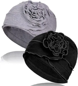 2 Pieces Cotton Chemo Turban Headwear, Soft Cancer One Size, Black+light Grey - Picture 1 of 7