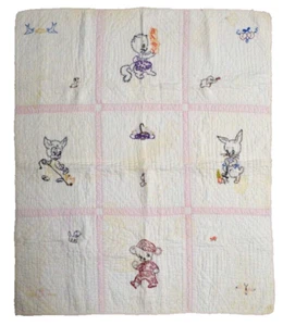 Antique Hand-Stitched Cotton Baby Quilt with Cute Animal Characters 38” x 32” - Picture 1 of 13