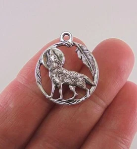 925 Sterling Silber 24" Halskette Charm WOLF HEULENDER MONDFEDER Anhänger Damen - Bild 1 von 6