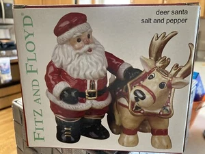 Fitz and Floyd Deer Santa Salt & Pepper Shakers 2003 NIB - Picture 1 of 4