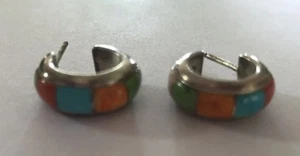 VTG Sterling Silver Don Lucas Multi-Color Gemstone 1/2'' Stud Hoop Earrings - Picture 1 of 3