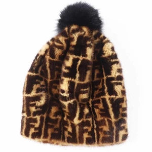 Excellent condition FENDI FNX085 Zucca pattern fox pom pom mink hat silk lining - Picture 1 of 10