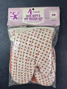 Vintage DURO Retro Orange Polka Dot 4 Piece Oven Mitt & Pot Holder Set - Bild 1 von 2