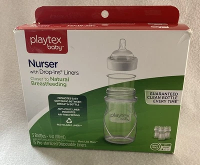 Playtex Baby Nurser with Drop-Ins Liners Baby Bottles 4 Oz, 3 Pk w/15 Liners NOB - Image 1 of 4