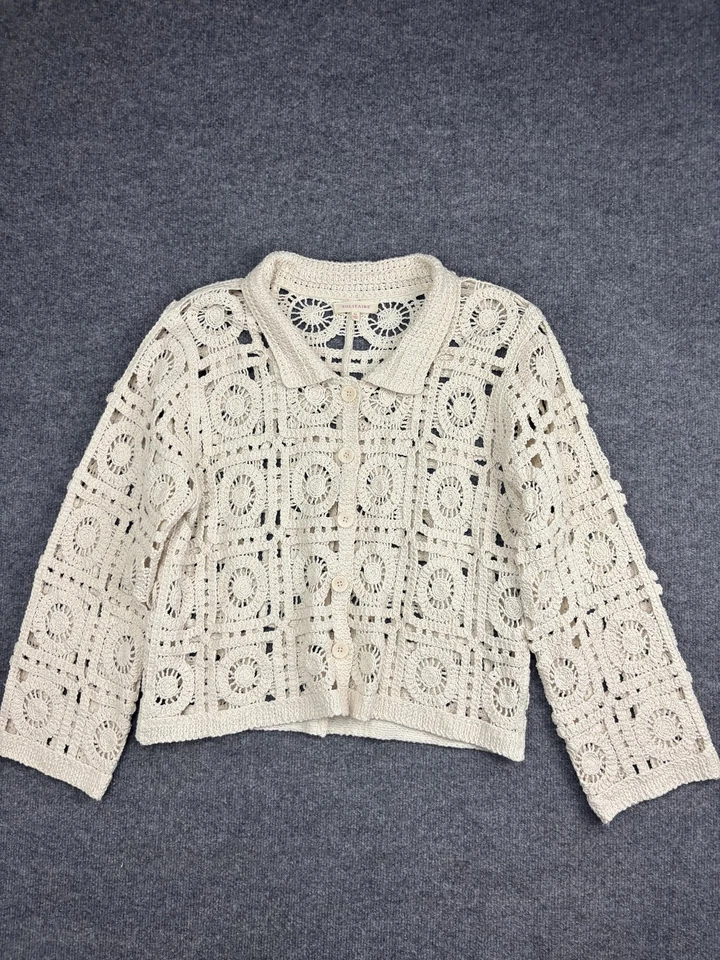 Cárdigan Solitario Suéter Mujer XL Marfil Crochet Encaje Botón Cuello Frontal Foto 1 de 4