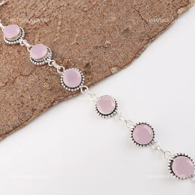 Rosa Calcedonio Gemma 925 Argento Sterling Halloween Sorella Nuovo Catenina - Immagine 1 di 4