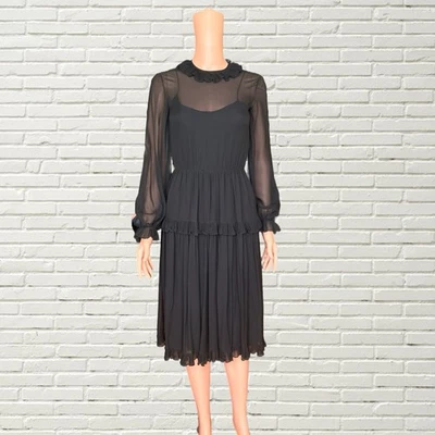 Vintage 60s Bill Blass Dress - Black Silk Chiffon Ruffle Skirt Midi Dress LBD - Image 1 of 4