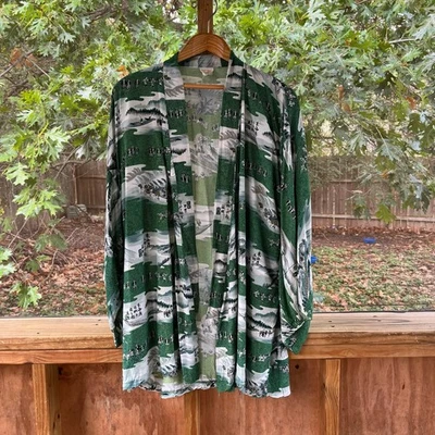Women's Vintage Japanese Haori Jacket Green & White Printed One Size - Image 1 of 4