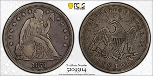 1871 sitzende Freiheit ein Dollar 1 $ - PCGS original sehr schön Detail-Kratzer (#1004) - Bild 1 von 7