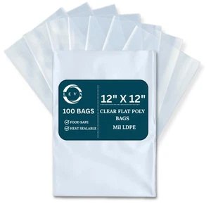 2 MIL Size 12" X 12" 100-1000 Packs LDPE Clear Flat Poly Bag, Open Top Package - Picture 1 of 7