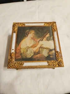 Caja de Música Baratija Vintage Tapa Estampada Seda Forro Terciopelo Borde Dorado FUNCIONA-Video - Imagen 1 de 13