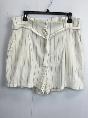 Worthington Size 14 Paper Bag Waist Shorts Belted High Rise Cream/Black Striped - Image 1 of 4