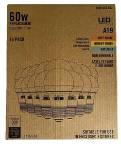 LED Light Bulb Non-Dimmable 3CCT A19 60W Eqv 12A19603CCTND04 16 Pk - Picture 1 of 2