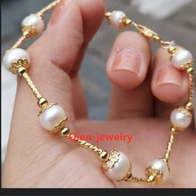 elegent AAA+ 7-8mm South Sea Genuine White Pearl Bracelet 14k Gold 7.5"-8" - Image 1 of 4