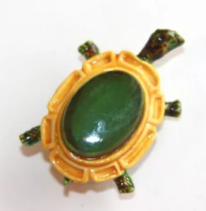 Vintage pin brooch Turtle yellow enamel and polished stone green agate - Picture 1 of 3