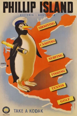 Arte de parede de viagem vintage década de 1930 Penguin Phillip Island Austrália - POSTER 20"x30" - Imagem 1 de 3