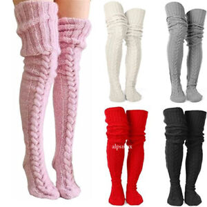 Womens Cable Knitted Thigh High Socks Leg Warmers Extra Long Over Knee Stockings