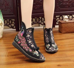 New Fashion Chinese Style Women's Floral Shoes Flat Heels Embroidery Ankle Boots - Picture 1 of 16