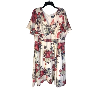 ModCloth Women's Rose Print Faux Wrap Dress Plus Size 2X Ivory Pink Romantic - Picture 1 of 7