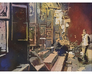 Carpet salesman in Saharan desert town Douz, Tunisia. Colorful artwork (print) - Picture 1 of 11