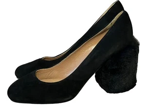 Pollini Faux Fur Covered Block Heel Pumps •Women 39/ 8.5• Black Suede Shoe ITALY - Picture 1 of 9