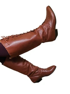 Vintage 80s 90s Brown Leather Lace Up Tall Granny Boots - Picture 1 of 12
