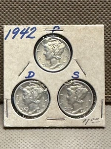 1942 set of 3 Mercury Dime p d s mint marks - Bild 1 von 2