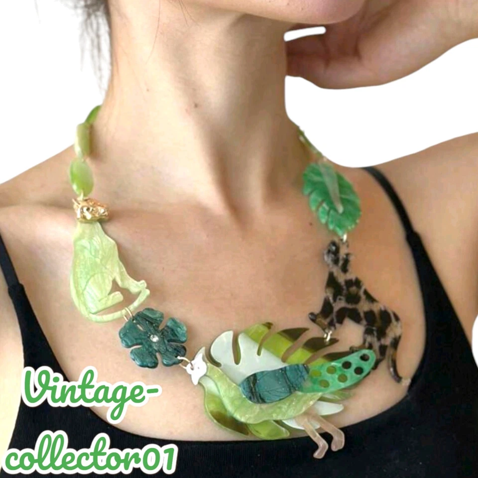 Modern Arcrylic Handmade Necklace Peacock Big Cats Floral Leaves Colourful BN  - Image 1 of 1