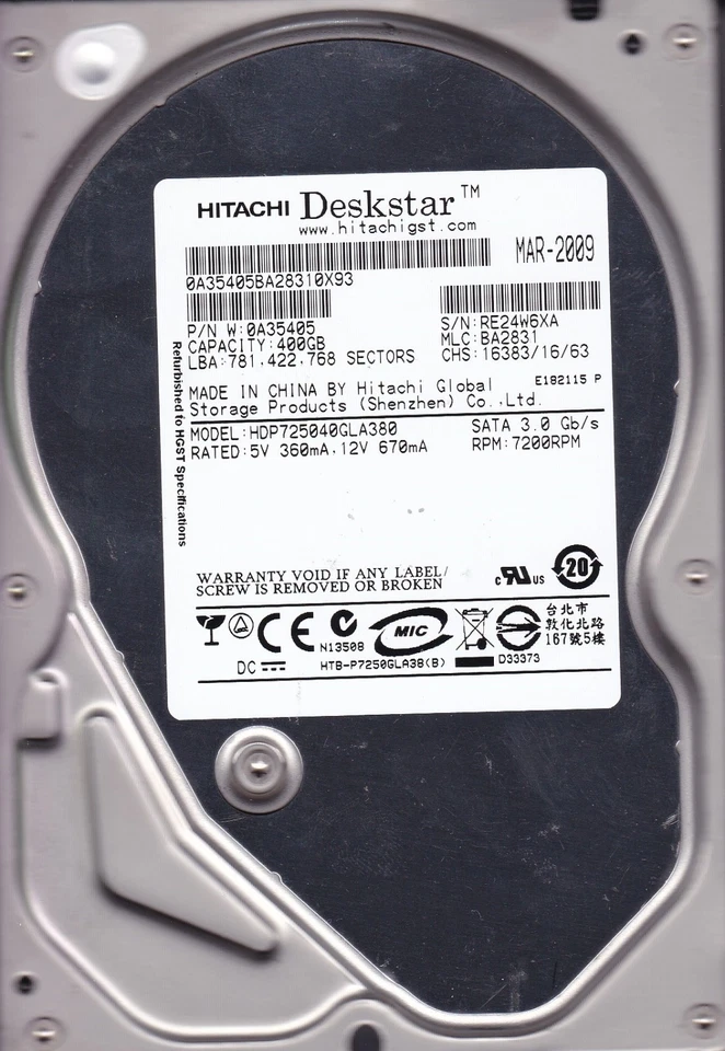Hitachi HDP725040GLA380 400Gb mlc BA2831  p/n 0A35405 B3-5 - Image 1 of 2