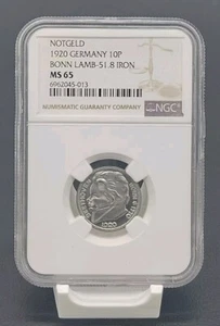 1920 GERMANY 10 PFENNIG NOTGELD IRON BONN LAMB 51.8 NGC MS65 - Picture 1 of 2