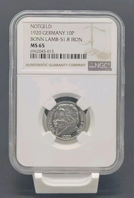 1920 GERMANY 10 PFENNIG NOTGELD IRON BONN LAMB 51.8 NGC MS65 - Image 1 of 2