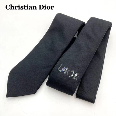 Corbata de seda negra Christian Dior logotipo floral modelo moderno sólido simple negocio Foto 1 de 4