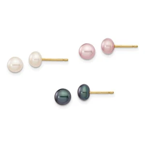 14k Yellow Gold 5-6mm Multicolor Cultured Pearl Boxed 3 Pair Stud Earrings Set - Picture 1 of 9