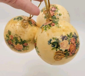 Vintage Decoupage Christmas Ornament Set Of 3 Pink Flowers - Picture 1 of 4
